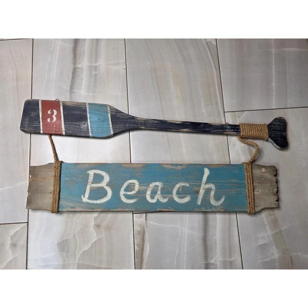 Rustic Wooden Beach Sign with Oar Nautical Wall Decor‎ Distressed Coastal Art
